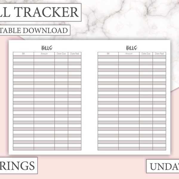 A5 RINGS - Bill Tracker - Track your finances with this printable insert for A5 (Large Kikki K) planners! Print multiple pages!  - Printable