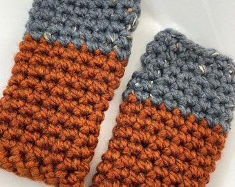 Deep Orange and Charcoal Gray Crochet Wrist Warmers, Fingerless Gloves, Ready to Ship