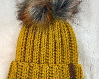 Mustard Yellow Crocheted Beanie with Multi-colored Pom, ready to ship!