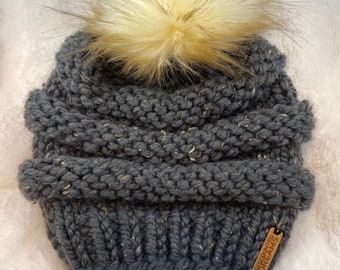 Charcoal Gray Tweed Chunky Knit Beanie with Cream/Brown Pom, handmade