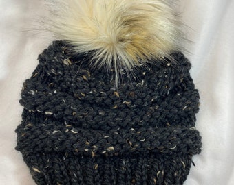 Black Tweed Chunky Knit Beanie, with or without Pom, Handmade, Ready to Ship!