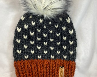 Deep Orange and Charcoal Gray Knit Beanie, with or without Pom, Handmade, Ready to Ship!