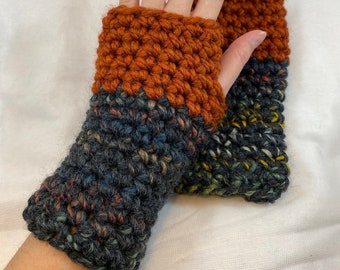 Chunky wrist warmers, deep orange and multi-colored, wool blend yarn, handmade, Ready to Ship!