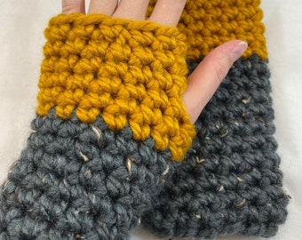 Crocheted Chunky Wrist Warmers, Mustard and Charcoal Gray, Handmade, Ready to Ship!