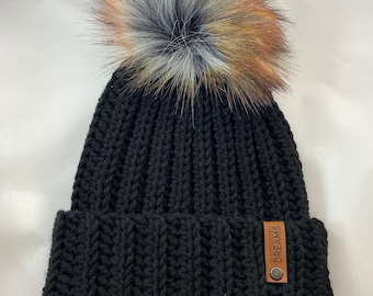 Black Crocheted Beanie with Multicolored Faux Fur Pom, Handmade, Ready to Ship