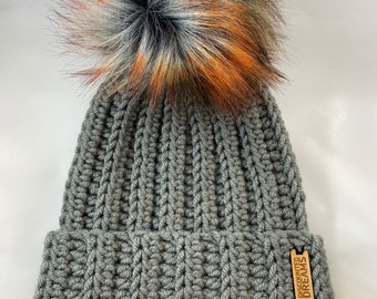 Gray Crocheted Beanie with Multicolored Faux Fur Pom, Handmade, Ready to Ship