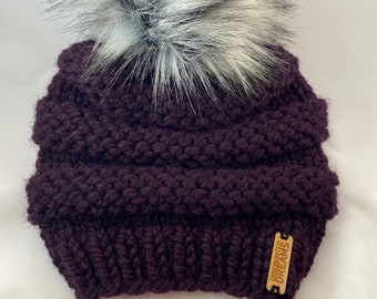 Deep Aubergine Purple Chunky Knit Beanie, With or Without Pom, Handmade, Ready to Ship