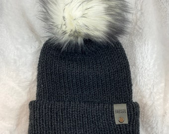 Charcoal Gray Knit Beanie with White/Black Pom, Handmade, Ready to Ship