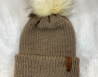 Light Brown/Taupe Knit Beanie with Cream Colored Pom, Handmade, Ready to Ship!