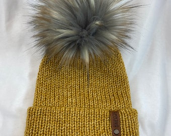 Mustard Yellow Tweed Knit Beanie, with or without Pom, handmade, Ready to Ship!
