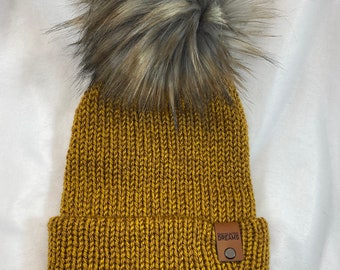 Dark Mustard Yellow/Tan-ish Knit Beanie, with or without Pom, handmade, Ready to Ship!