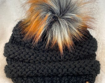 Black Chunky Knit Beanie with Multi-Colored Pom, Handmade, Ready to Ship