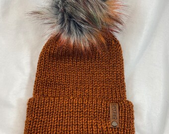 Dark Orange Knit Beanie, your choice of Pom, Handmade, Ready to Ship!