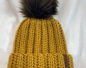 Mustard Yellow Crocheted Beanie, with or without Pom, Handmade, Ready to Ship!