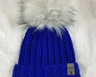 Royal Blue Crocheted Beanie with Large White/Back Pom, Handmade, Ready to Ship!