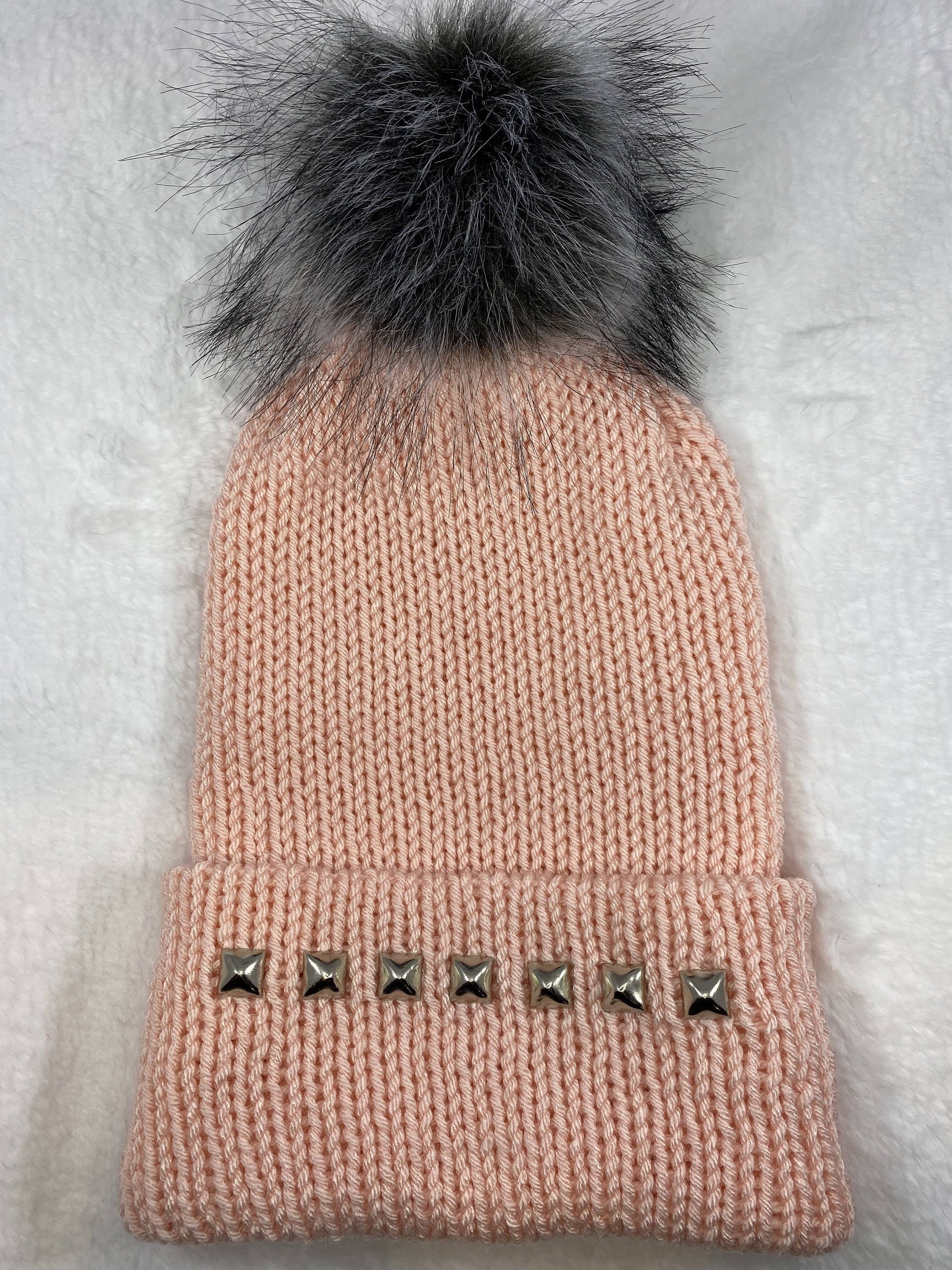 Pastel Pink Knit Beanie With Silver Studs, Tall/slouchy Fit  display picture 1