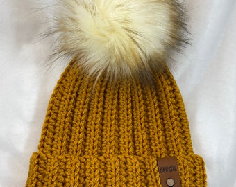 Mustard Yellow Crocheted Beanie, with or without Pom, Handmade, Ready to Ship!