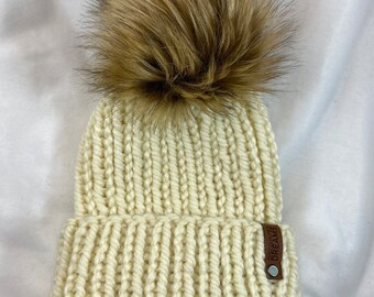 Off White Chunky Knit Beanie, with or without Pom, Handmade, Ready to Ship!