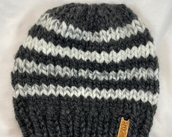 Gray Stripes Chunky Knit Beanie, with or without Pom, Handmade, Ready to Ship!