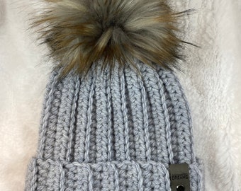 Light Gray Crocheted Beanie with Gray/Brown Pom, Handmade, Ready to Ship