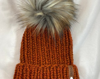 Deep Orange Chunky Knit Beanie, with or without Pom, Handmade, Ready to Ship!