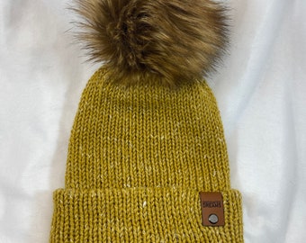 Mustard Yellow Tweed Knit Beanie, with or without Pom, Handmade, Ready to Ship!