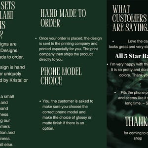 May include: Dark green graphic with white text. The text includes "WHAT SETS HONU LANI DESIGNS APART?" and "HAND MADE TO ORDER." Customer reviews and a thank you message are also displayed. The design highlights handmade phone cases.