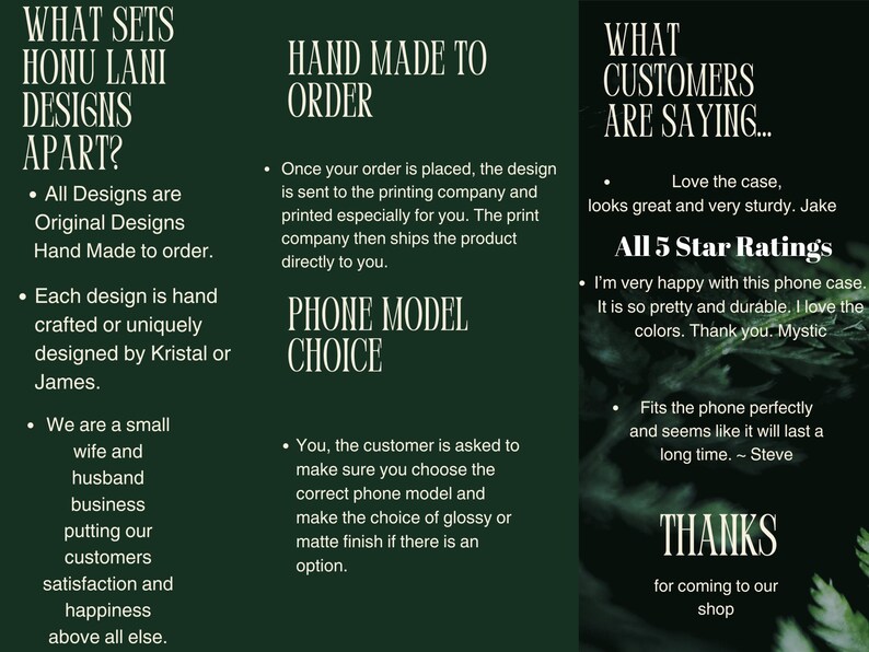 May include: Dark green graphic with white text. The text includes "WHAT SETS HONU LANI DESIGNS APART?" and "HAND MADE TO ORDER." Customer reviews and a thank you message are also displayed. The design highlights handmade phone cases.