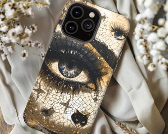 May include: A gold and black phone case with a large eye design and a black cat graphic. The eye is surrounded by gold glitter and the case has a cracked glass effect.