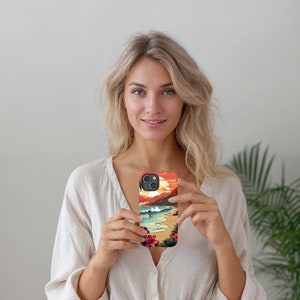 Funda resistente para iPhone con diseño retro de atardecer en la playa: regalo para surfistas
