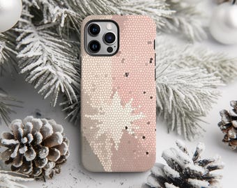 Pode incluir: Uma capa de telefone rosa e bege com um padrão de mosaico. A capa tem um design de estrela branca no centro.