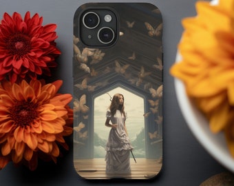 Funda para iPhone con diseño de niña y mariposas: protección para el teléfono con arte fantástico