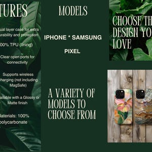 May include: Dark green promotional image showcasing phone cases with floral designs. Text includes "FEATURES", "MODELS", and "CHOOSE THE DESIGN YOU LOVE". The cases are available for iPhone, Samsung, and Pixel models.