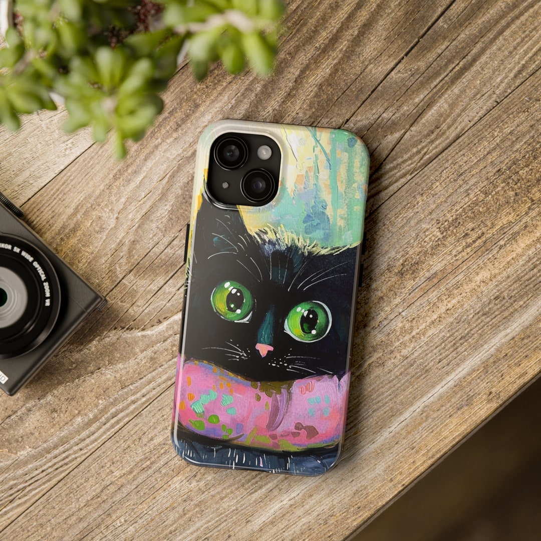 Lucky Black Cat iPhone Case, Handpainted Tough Phone Protector, Unique