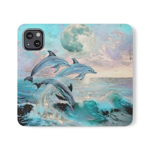 Capa flip conveniente para cartão com bolso em formato de golfinhos lunares, carteira fina para iPhone/Galaxy, presente elegante e prático