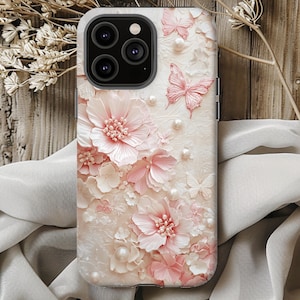 Pink Pearl Flowers and Butterflies Phone Case - Feminine Tough Case