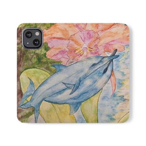 Custodia a libro per telefono con delfino dipinta a mano ecologica da Kristal, custodia vegana artistica con scomparti per carte, regalo perfetto per
