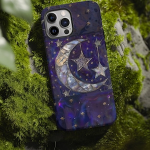 May include: A purple phone case featuring a crescent moon and stars design. The moon is made of iridescent material and the stars are gold.