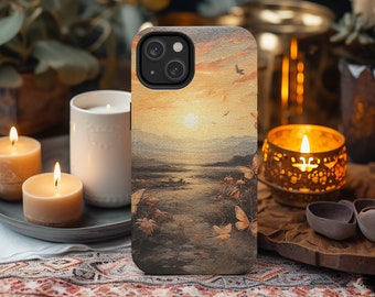 Funda resistente para iPhone: Mariposas al atardecer en el desierto, protección duradera para el teléfono
