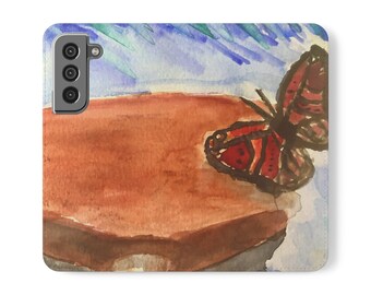 Hand-Painted Butterfly Vegan Leather Phone Wallet: Eco-Friendly