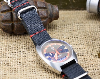 Black Long Leather Watch Strap, Watch Band, Military Style Straps, 18mm, 20mm, 22mm 24mm Strap, Embossed Black leather