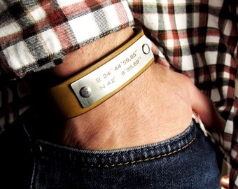 Latitude Longitude Bracelet, Personalized Bracelet, GPS Coordinates, Leather Bracelet, Custom Coordinates Bracelet, Leather and Steel SALE