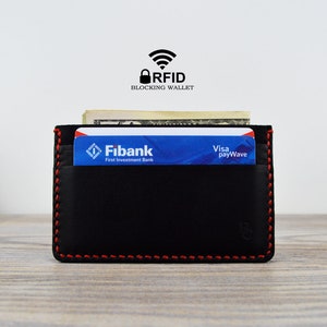 Slim Black Leather Card Holder, Classic Black Card Holder, Leather Card Wallet, Small Womens/Mens Wallet, RFID, Engraved initials, Men Gift