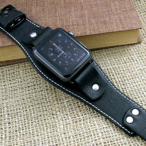 Black Leather Apple Cuff Band 40mm 41mm 42mm 44mm 45mm 46mm 49mm / Apple Series: Ultra/Ultra2, SE, 10, 9, 8, 7, 6, 5 Wide Apple Cuff