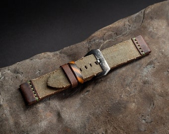 Army Green Canvas/Leather Strap 20/22/24/26mm / Handmade Vintage Style / Military Canvas Leather Watch Strap / Aged Design