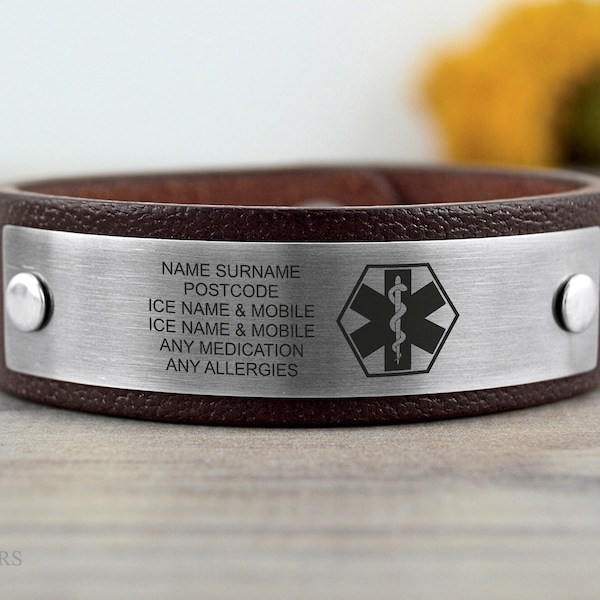 Medical ID Bracelet, Phone number Bracelet Medical Alert Bracelet Epilepsy Bracelet Leather Bracelet Allergy Bracelet Epilepsy Bracelet SALE