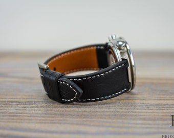 Black Leather Watch Strap, Hand Stitched Leather Mens Watch Band, Solid Watch Strap, White Stitching, FREE SHIPPING & CUSTOMIZATION  Sale