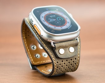 Braune Apple Watch Ultra Cuff Band / Einzigartiges perforiertes Design / Unisex Manschettenarmband / 49mm Ultra Cuff Band / Verschiedene Lederfarben erhältlich