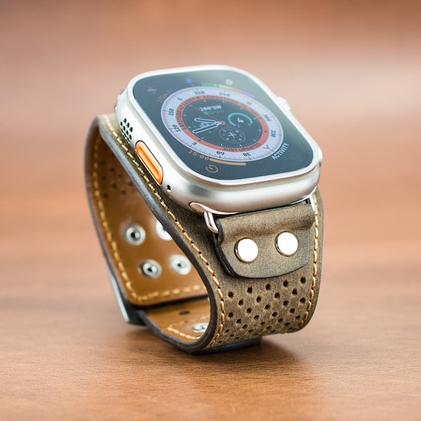 Brown Apple Watch Ultra Cuff Band / Unique Perforated Design / Unisex Cuff Band / 49mm Ultra Cuff Band / Different Leather Colors Available