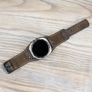 Samsung Galaxy Ultra 47mm Brown Distressed Leather Cuff Band, Unique Perforated Design / Wide Leather Band / Personalization Available